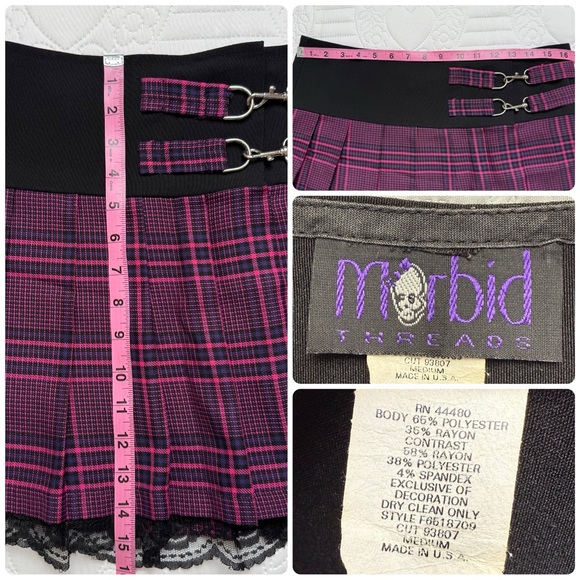 Vintage Morbid Threads Black Pink Purple Plaid Pleated Lace Mini Skirt Medium - Picture 9 of 9